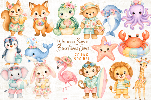 Download Watercolor Summer Beach Animals Clipart - Watercolor summer Collection