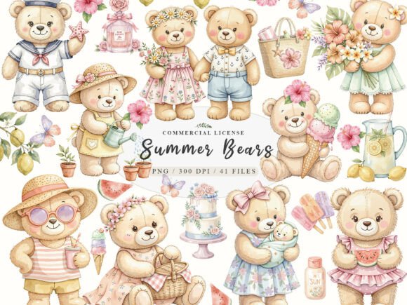 Download Watercolor Summer Teddy Bear Clipart PNG - Watercolor summer Collection