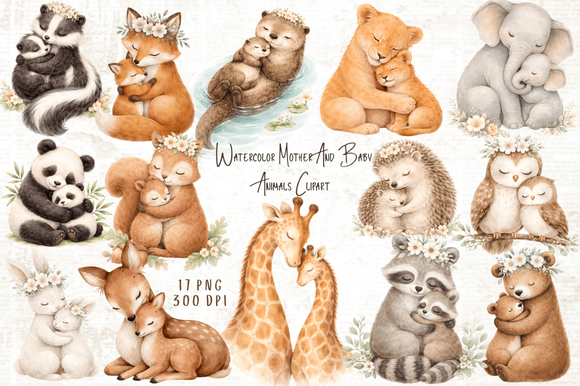 Download Mother &amp; Baby Animals Watercolor Clipart - Baby animals Collection