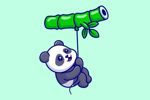 Download Cute Panda Flying with Bamboo Balloon - Premium Bundle