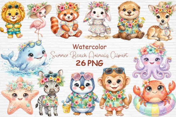 Download Watercolor Summer Beach Animals Clipart - Watercolor summer Collection