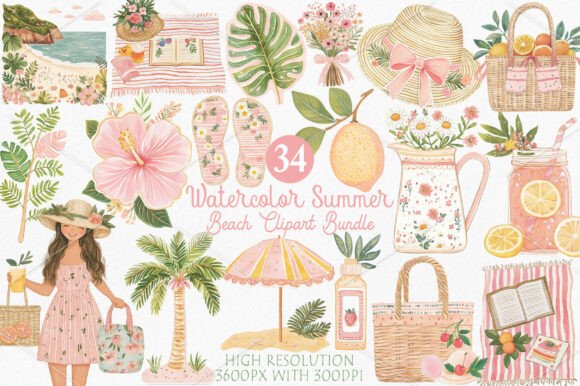 Download Watercolor Summer Beach Clipart Bundle - Watercolor summer Collection