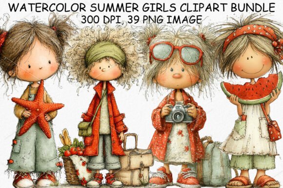 Download Watercolor Summer Girls Clipart Bundle - Watercolor summer Collection